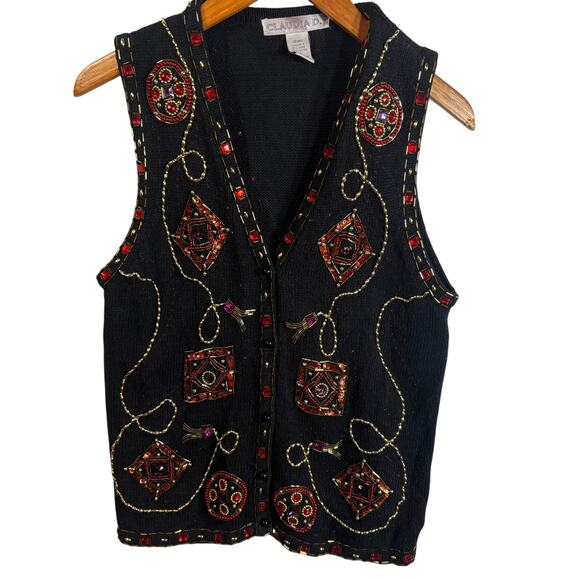 Vintage Claudia D Sweater Vest Black Womens Size M Beaded Sequins Aztec - Picture 1 of 6